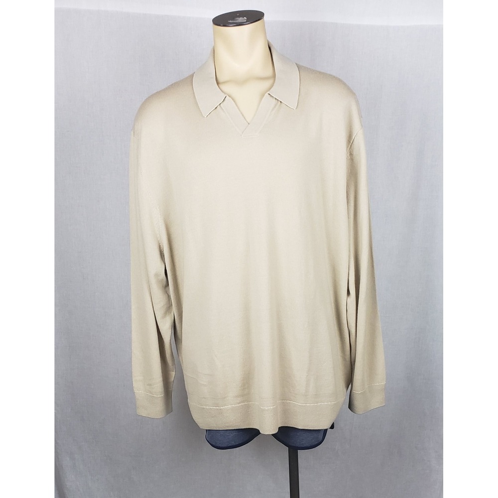 the COMMONS Mens XXL Beige Tan Merino‎ Wool V-Neck Polo Sweater Casual Warm Cozy